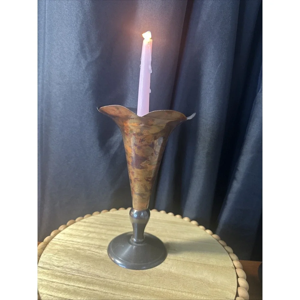 Old Vintage Copper And Brass Candle Holder 9